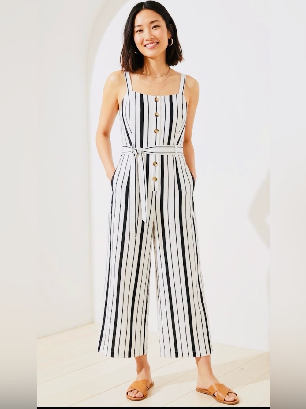 LOFT White Striped Sleeveless Button-Front Jumpsuit. NWT. Size 18.